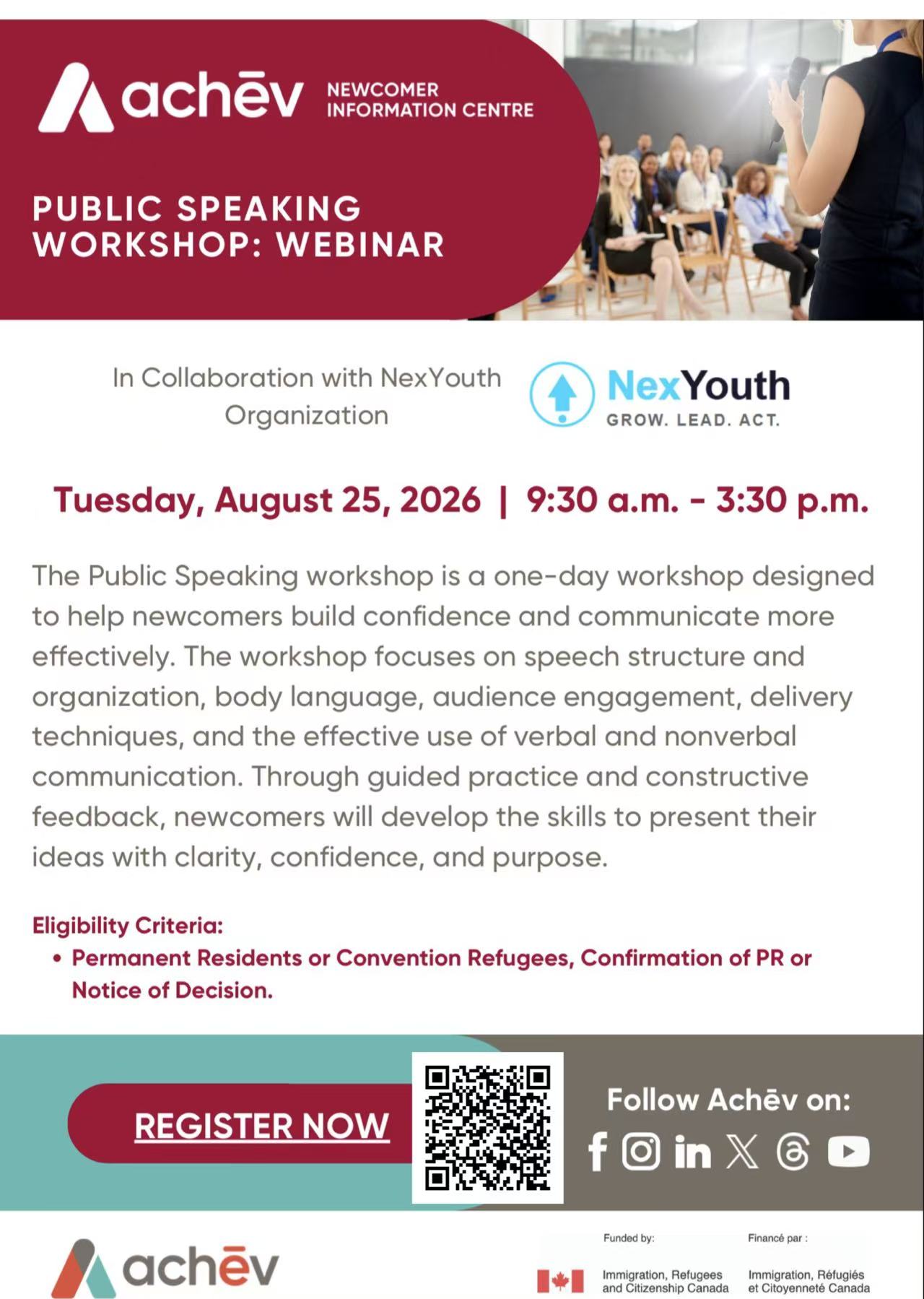 ACHEV Public Speaking Workshop Webinar flyer — August 25, 2026, 9:30am–3:30pm, online